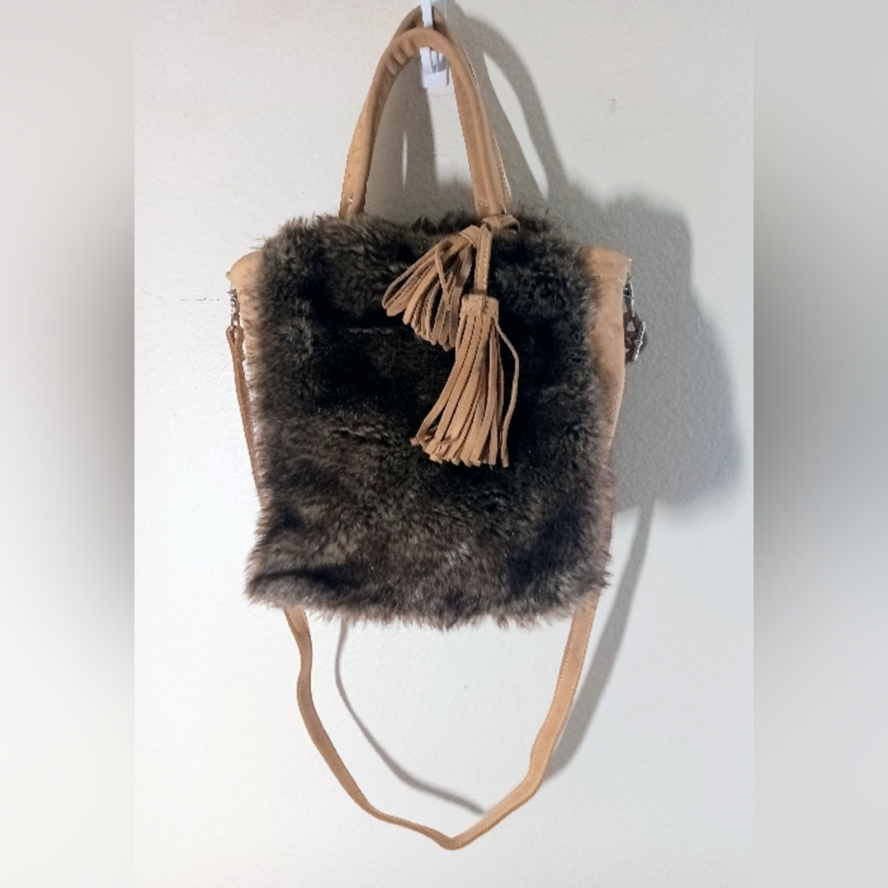 Anthropologie Miss Albright Leather Tassel Fur Tote Bag Tan Brown Blue Interior